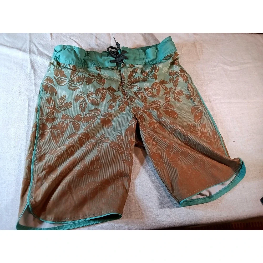 Art Class Boys Board Shorts Size 18 Teal Brown Tropical Palm Leaf Swim Trunks